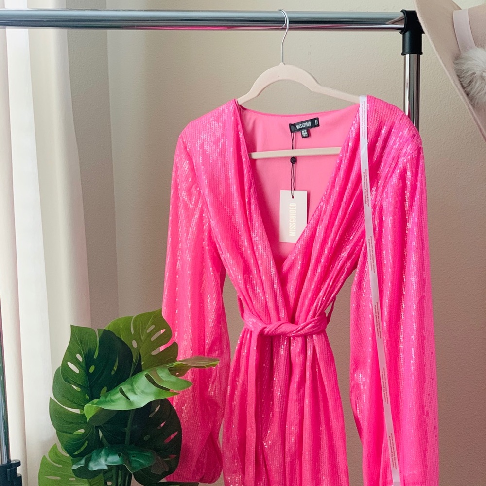 Misguided Wrap Front Balloon Sleeve Sequin Dress